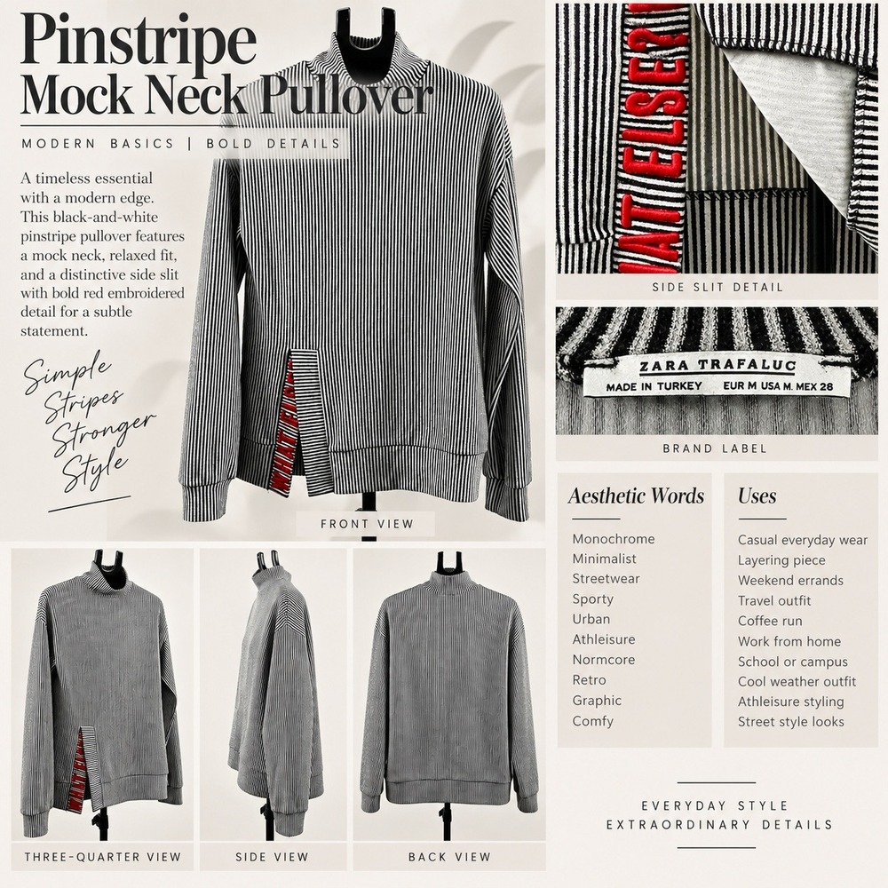 Zara Trafaluc Striped Mock Neck Top Black White Whatever Embroidery Small Sporty